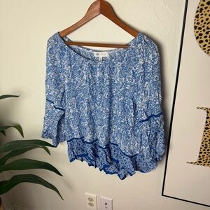 Fever Blue Paisley Peasant Blouse – Boho Ruffle Hem Top Size Large